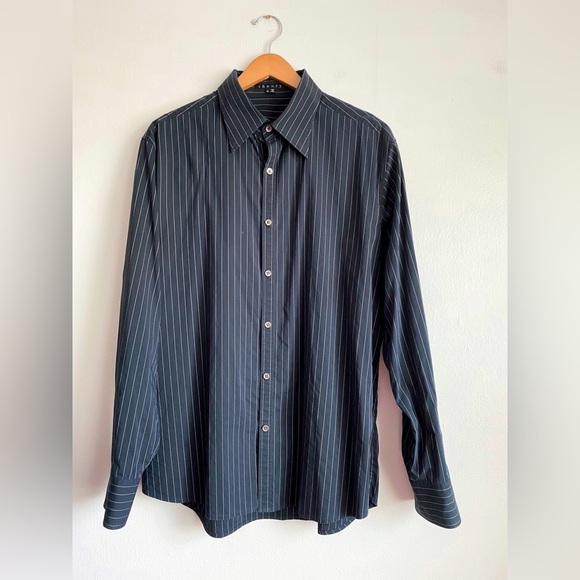 THEORY Men’s Striped Navy Blue Shirt Business Casual Button Down Lightweight XL - Picture 2 of 5